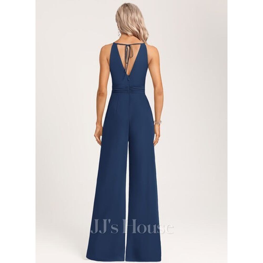 JJ's House Safara Halter Chiffon Jumpsuit Navy Blue Size 8 Built in Bra Wide Leg - Picture 2 of 9